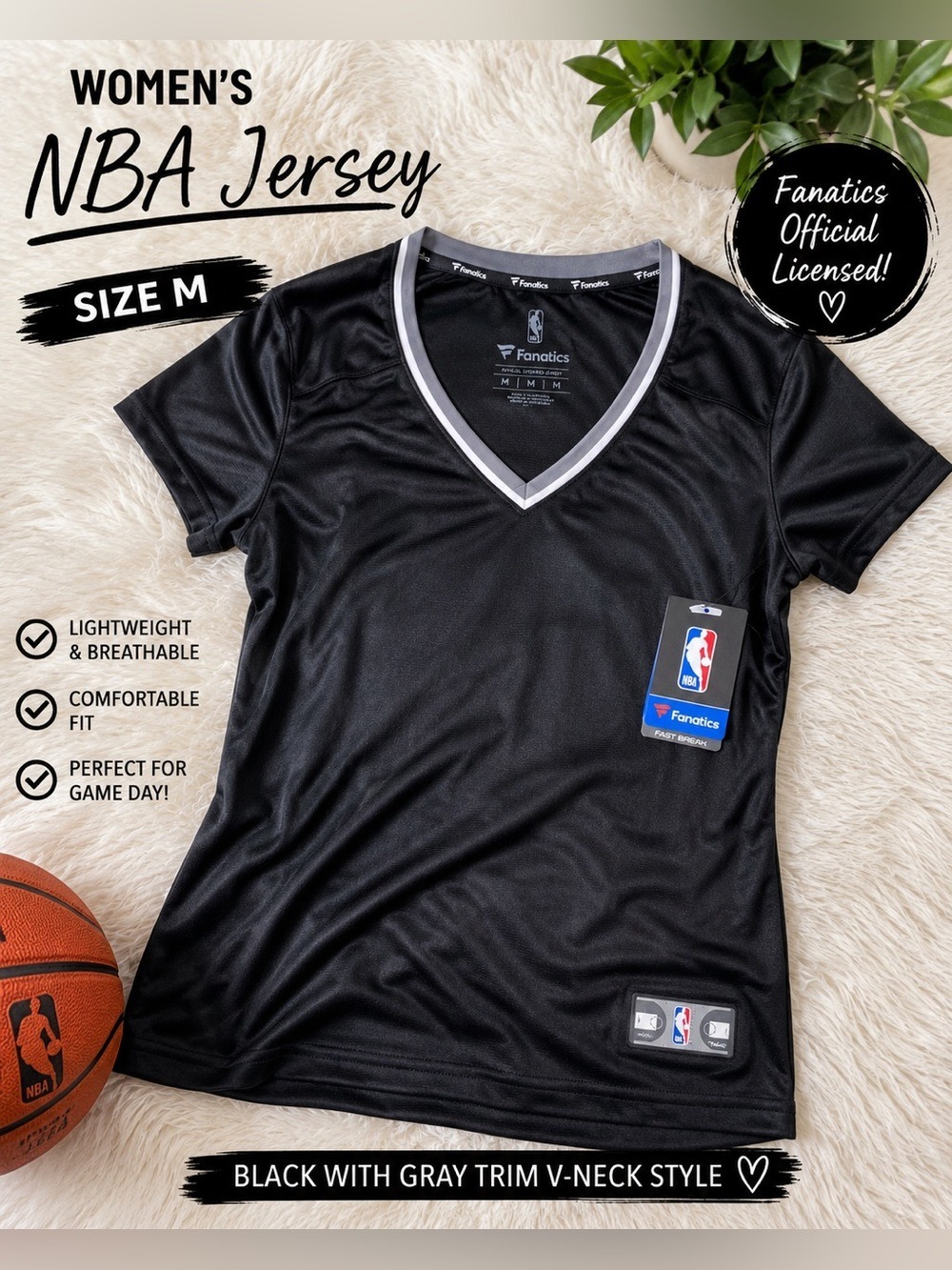 Fanatics Women’s NBA V-Neck Performance Jersey Black Gray Size Medium NWT